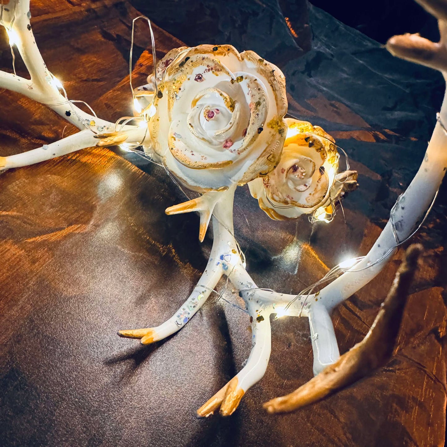 Enchanted Antler Crown with Flowers and Fairy Lights