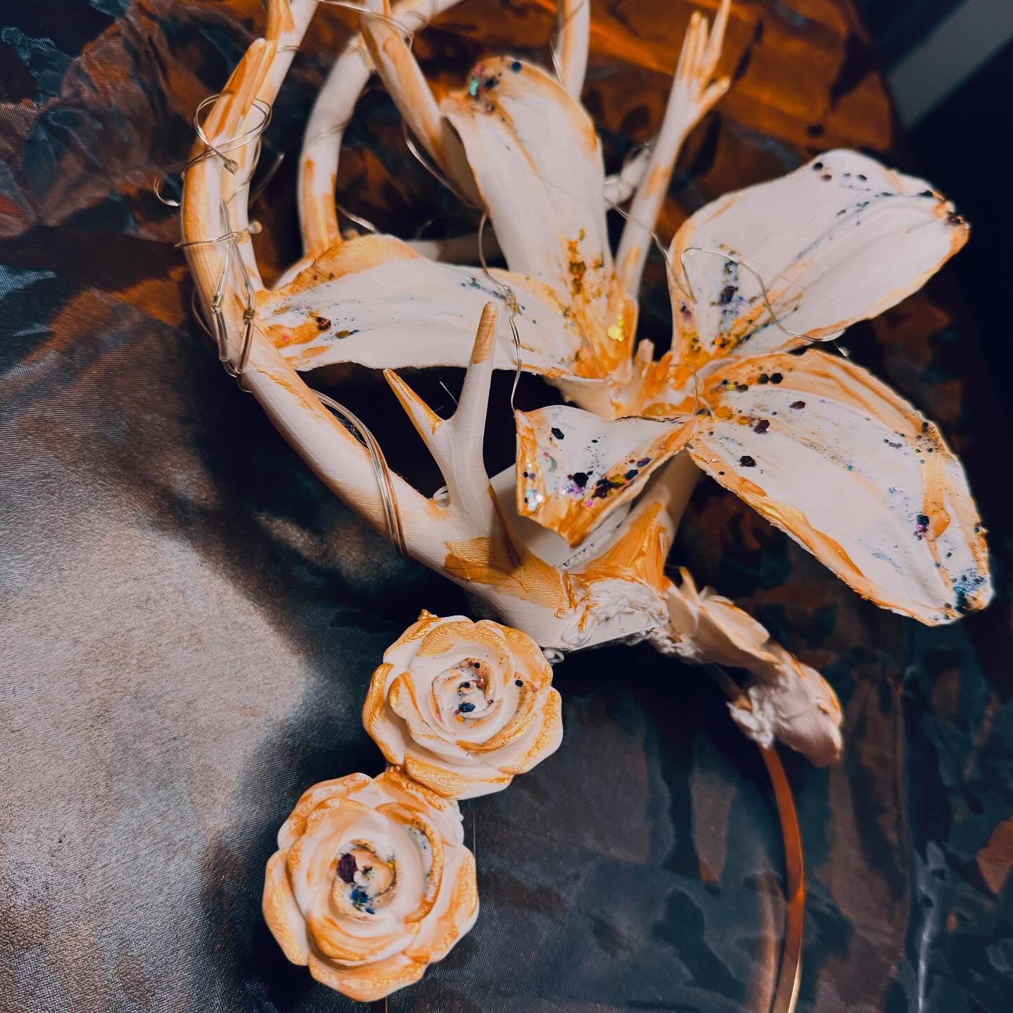 Enchanted Antler Crown with Flowers and Fairy Lights