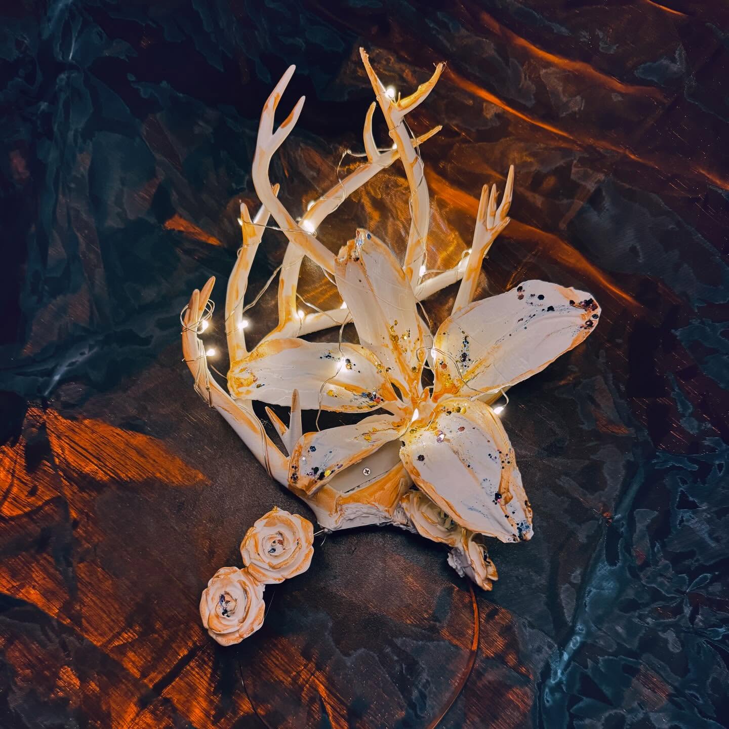 Enchanted Antler Crown with Flowers and Fairy Lights