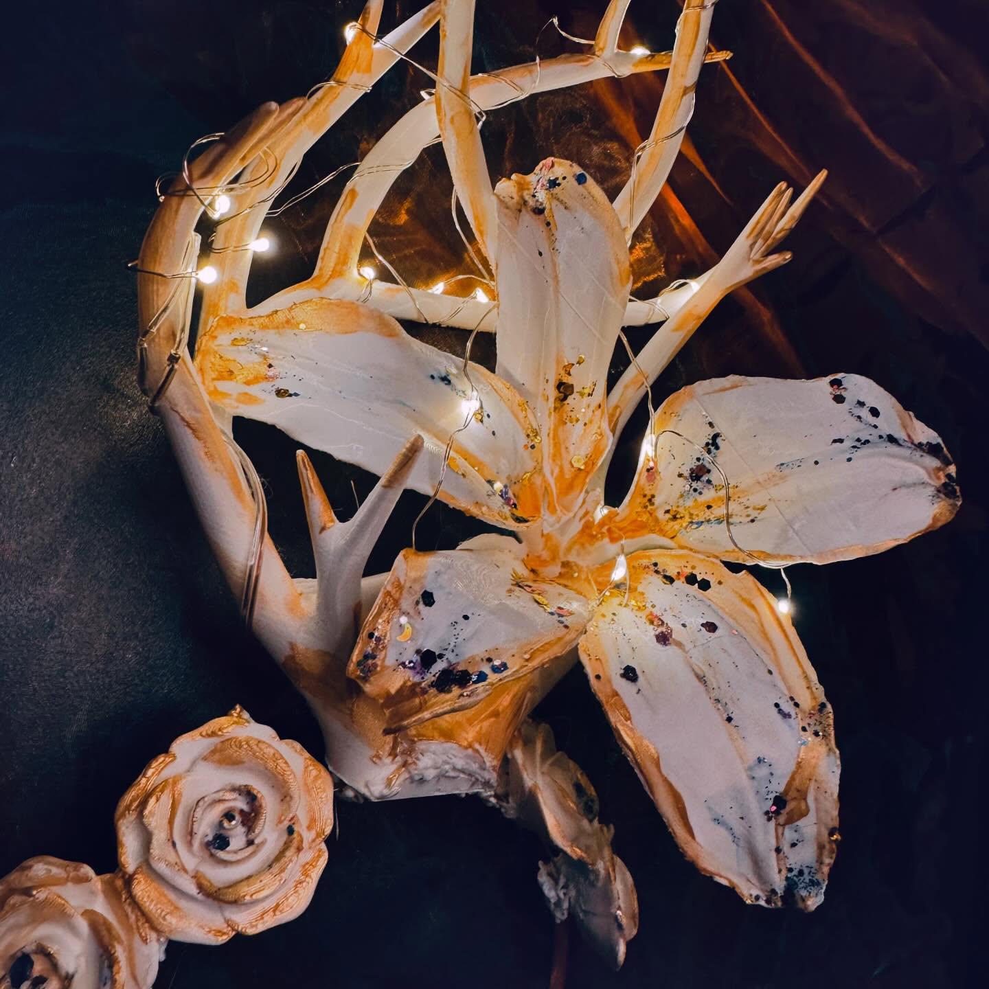 Enchanted Antler Crown with Flowers and Fairy Lights