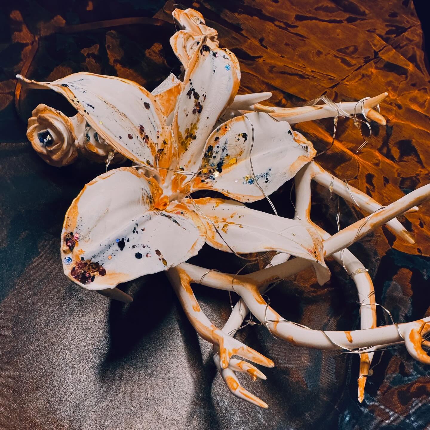 Enchanted Antler Crown with Flowers and Fairy Lights