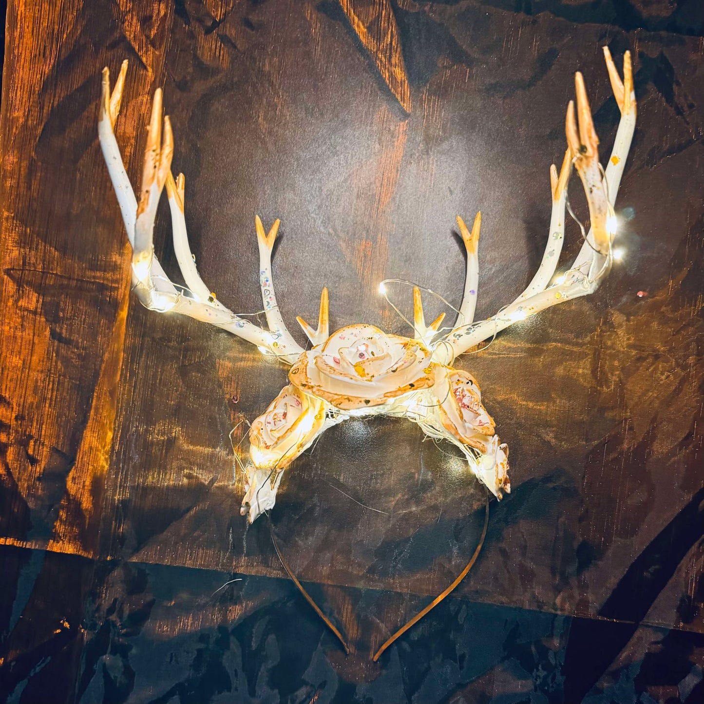 Enchanted Antler Crown with Flowers and Fairy Lights