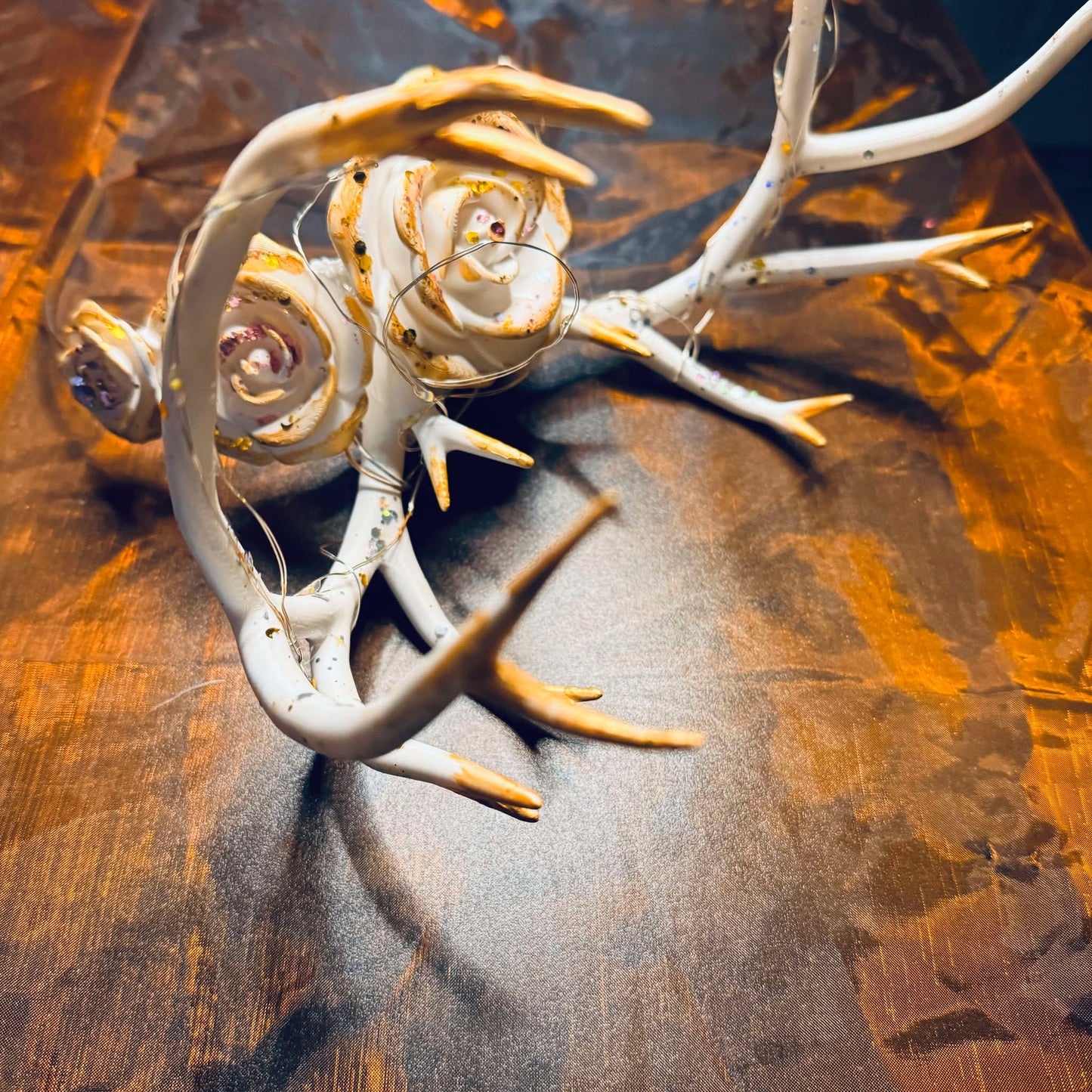 Enchanted Antler Crown with Flowers and Fairy Lights